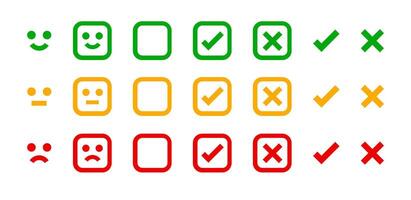 icon emotions face, emotional symbol and approval check sign button, emotions faces and checkmark x or confirm and deny, button checkbox flat for apps, faces icons and checkmark vector