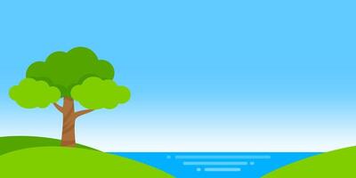 landscape tree on island and river background for copy space text, clip art simple tree, single tree and lagoon flat lay, tree on island hill and sky beautiful summer, lake or seascape cartoon style vector
