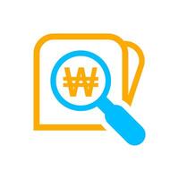 magnifying glass with won currency money search icon, korean won coin with magnifying glass for button app, research icon blue on orange wallet, won money symbol in search icon isolated on white vector