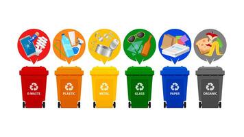 recycle bin types, garbage sort e-waste, plastic waste, metal, glass, paper and organic waste, front view set of plastic rubbish bin for recycling different types waste, garbage bins isolated on white vector