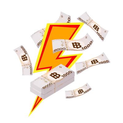 1000 baht thai money flying and orange thunder icon isolated on white, banknote money THB falling with yellow thunder storm symbol, bank note paper money baht, online shopping concept