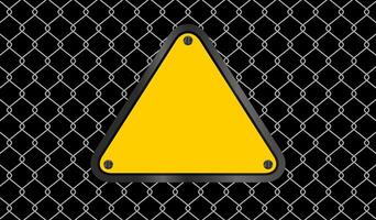 yellow triangle emblem notice on wire mesh background, caution sign on fence barb grid, copy space, empty warning sign template on barrier wire net, barbed wire fence wall and emblem warning signs vector