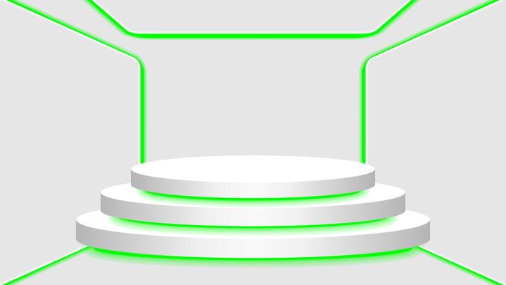 pedestal 3d and green light neon lamp glowing in empty interior room, cosmetics display modern and LED light, podium stage and green fluorescent glow light decor, pedestal circle for ad product place