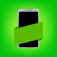 smartphone and graphic label green for banner, isolated on green background, label graphic green on smartphone for advertising sale, smartphone modern and copy space label for advertisement vector