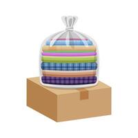second hand clothes in a bag and crate, boxes for donations isolated on white, used shirts for donations and crate boxes, closed box donate, pile clothes used, clip art second hand donated clothes vector