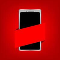 smartphone and graphic label red for banner, isolated on red background, label graphic red on smartphone for advertising sale, smartphone modern and copy space label for advertisement vector