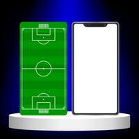 smartphone digital screen blank and football field, template for media soccer sports on mobile phone, empty mobile for banner soccer live score online, template football game player on smartphone app vector