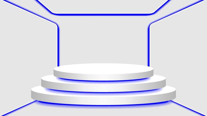 pedestal 3d and blue light neon lamp glowing in empty interior room, cosmetics display modern and LED light, podium stage and blue fluorescent glow light decor, pedestal circle for ad product place