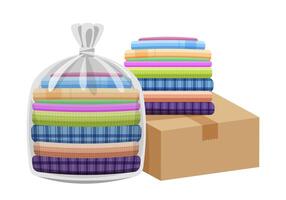 second hand clothes in the bag on crate, boxes for donations isolated on white, used shirts for donations and crate boxes, closed box donate, pile clothes used, clip art second hand donated clothes vector