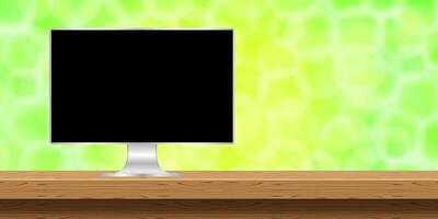 computer pc modern on table wood and bokeh copy space, workspace desktop with bokeh nature green, workspace office, desktop monitor screen on desk space, work office space nature concept vector