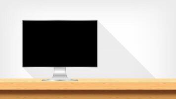 computer pc modern on table wood and copy space, workspace office, monitor screen on desk space, computer on table and grey wall, work office space, workspace with desktop pc for creative background vector