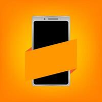 smartphone and graphic label orange for banner, isolated on orange background, label graphic orange on smartphone for advertising sale, smartphone modern and copy space label for advertisement vector