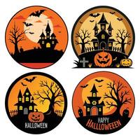 halloween set of stickers with houses, trees, bats and moon vector