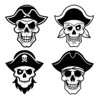 Set of Pirate Skull Illustrations with Hats Vintage Cartoon Style for Halloween and Adventure Themes vector