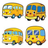 Set of Cute Cartoon Yellow Buses with Friendly Faces and Playful Expressions vector