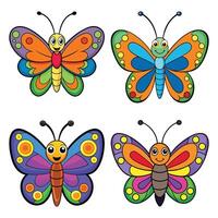 Set of Colorful Cartoon Butterflies with Smiling Faces and Vibrant Patterns vector