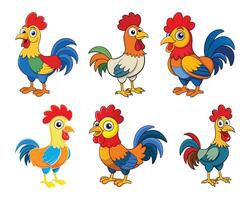 Set of Colorful Cartoon Roosters with Smiling Faces and Playful Designs vector