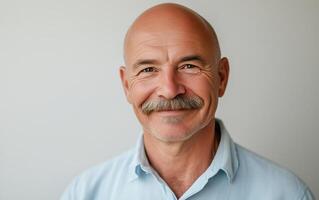 Portrait of a cheerful senior man with a prominent mustache, showing happiness and warmth in a casual setting with a buttoned shirt. photo