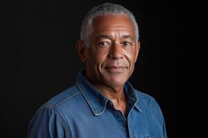 Portrait of a confident senior man wearing a denim shirt, posing in a studio with a dark background. A representation of wisdom, aging, confidence, and contemporary style with a mature perspective. photo