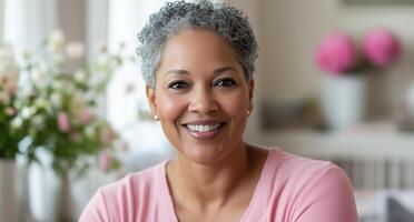Smiling woman in pink sweater with a cozy and floral background photo