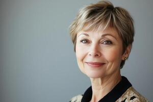 Confident mature woman with a warm smile, standing against a sim photo