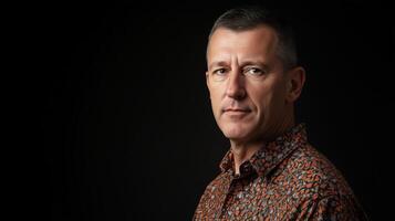 A middle-aged man stares confidently at the camera, wearing a patterned casual shirt. The image is focused against a dark background, emphasizing his poised expression and mature presence. photo