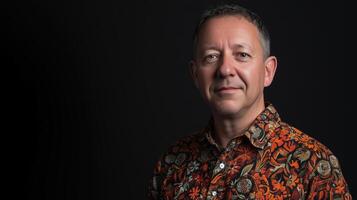 Portrait of a confident man wearing a colorful floral shirt, standing against a dark background. His relaxed expression and casual attire convey a sense of individuality and style photo