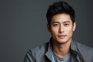 Portrait of a confident young man with a casual look. This face and hairstyle image showcases male beauty, self-assurance, and inner strength, ideal for various lifestyle and professional concepts. photo
