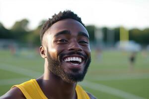 Smiling young athlete enjoying a sunny day on a sports field photo