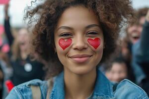 Smiling young woman with heart designs on cheeks at outdoor gathering photo