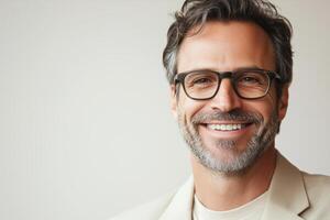 Confident man wearing glasses in a light outfit smiling against plain background photo