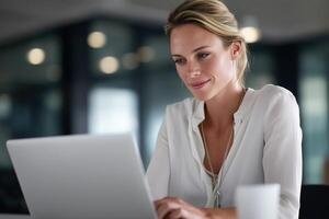 Professional woman smiling while working on a laptop in a modern office photo