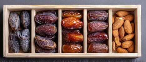 Healthy lifestyle food concept with dried fruit and almonds, showcasing variety of dates in wooden tray, promoting nutritious snacking photo