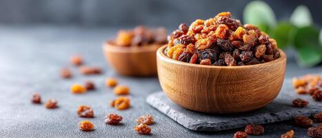 bowl of dried raisins sits on dark surface, showcasing their rich color and texture, evoking sense of natural sweetness and health photo