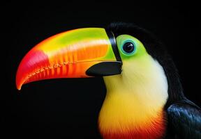 Close-up of a vibrant toucan with a multicolored beak on black background photo