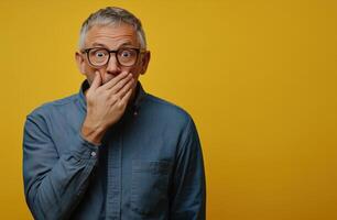 Surprised man covering mouth with hand on yellow background photo