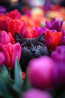Black cat surrounded by vibrant tulips in colorful indoor garden photo