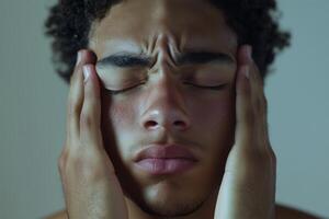 Young man expressing intense emotions with hands resting on face photo