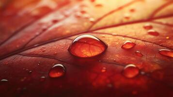 Macro water droplets on an autumn leaf in warm sunlight photo