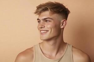 Smiling young man wearing a tank top against a beige background photo