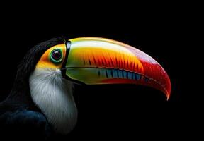Closeup of a colorful toucan on a dark background photo