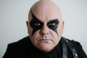 Bald man with dramatic black makeup poses in confident expression photo