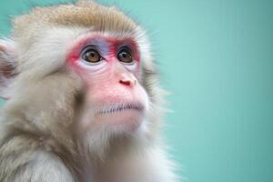 Close-up portrait of a monkey against a green background photo