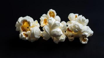 Close-up shot of freshly popped popcorn against a dark background, presenting vivid textures and popping details. This visual highlights the food's iconic appeal, synonymous with snacking and movies. photo