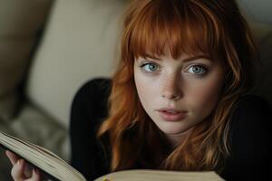 Portrait of a young woman reading a book with an engaging expression photo