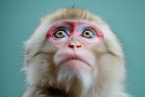 Close-up portrait of a monkey gazing upward with expressive facial features photo