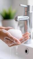 Washing hands with soap lather under faucet promotes health and hygiene, creating refreshing and clean feeling photo