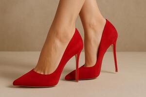 Elegant Red High Heels on a Neutral Background Highlighting Modern Fashion and Style photo