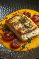 Grilled fish fillet with cherry tomatoes and creamy orange sauce photo