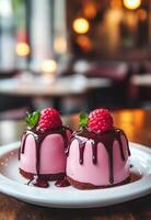 Delicate pink desserts topped with rich chocolate and fresh raspberries photo